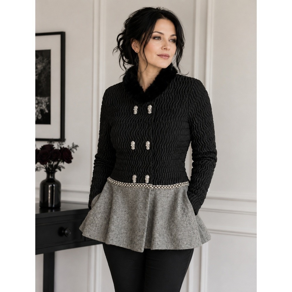 Dream Peplum Jacket Women Large Black Gray Faux Fur Skull Pearl Corp Goth